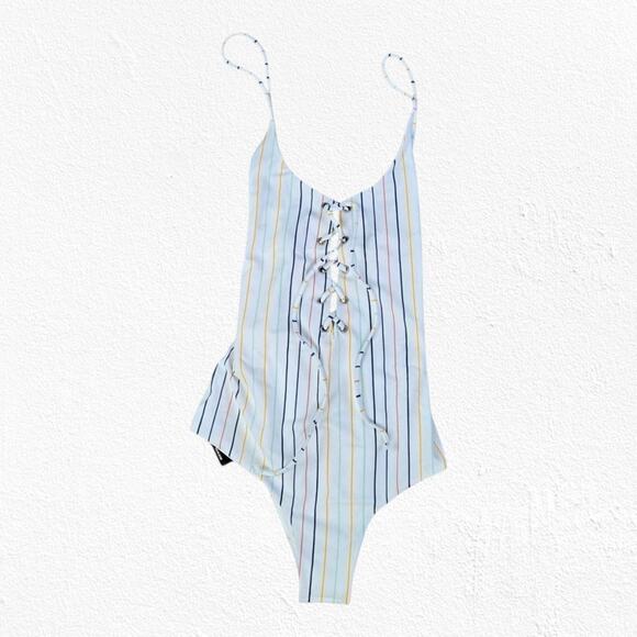 Tavik White Colorful Striped Retro Lace Up Monahan One Piece Swimsuit Size Small - Picture 2 of 8